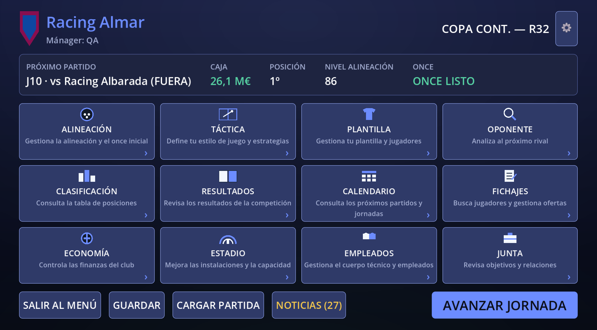 Panel de control de Arcade Football Manager